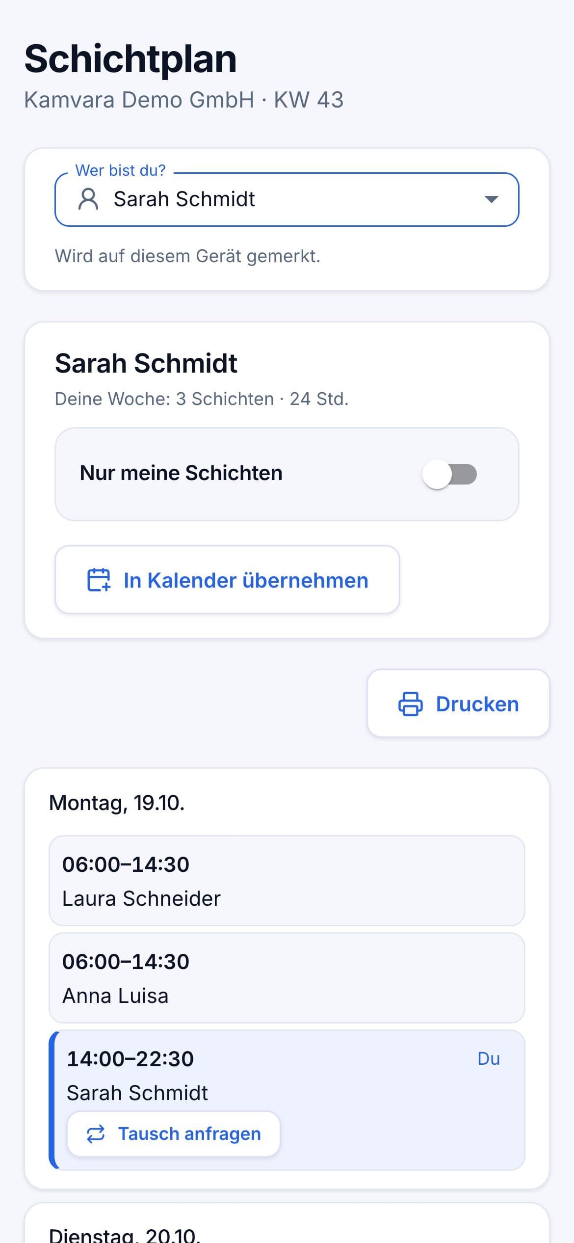 Wochenplan auf dem Handy: eigene Schichten hervorgehoben, Button „Tausch anfragen“