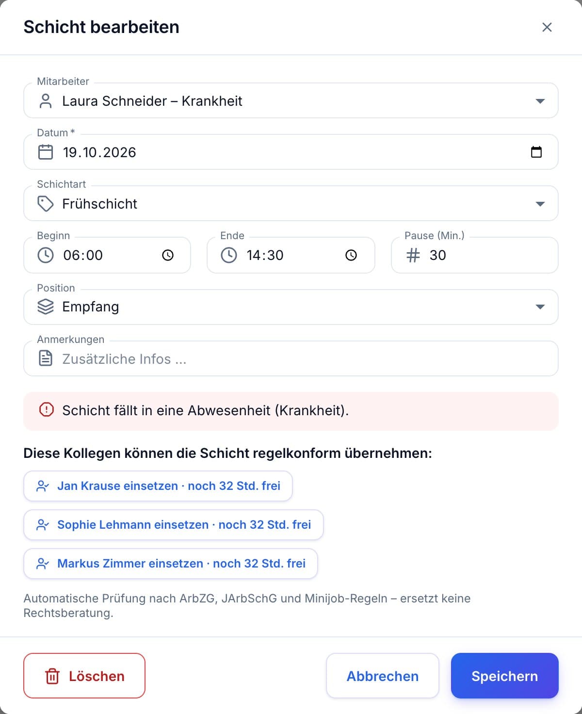 Schichtdialog mit Hinweis „Schicht fällt in eine Abwesenheit“ und drei Vorschlägen für eine regelkonforme Besetzung